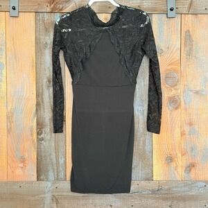 Black Lace Long Sleeve Bodycon Cocktail Dress Open Back Women's Size M